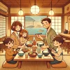 美ら海水族館で遊んだ後に家族で夕食を楽しむ温かいひとときを描いたイラストです。 素朴で親しみやすいタッチで、和やかな雰囲気が感じられる仕上がりになっています。畳の上でくつろぐ日本人の家族が、笑顔で夕食を囲んでいる様子から、家族旅行の楽しい締めくくりがしっかり伝わってきます。木のインテリアや和食の献立、ほのかな夕暮れの背景も、全体に落ち着いたやさしさを加えています。