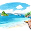 美ら海水族館から古宇利島へレンタカーで向かう途中に見える古宇利大橋の絶景。エメラルドグリーンの海の上をドライブする沖縄旅行の様子を描いた色鉛筆風のイラスト。