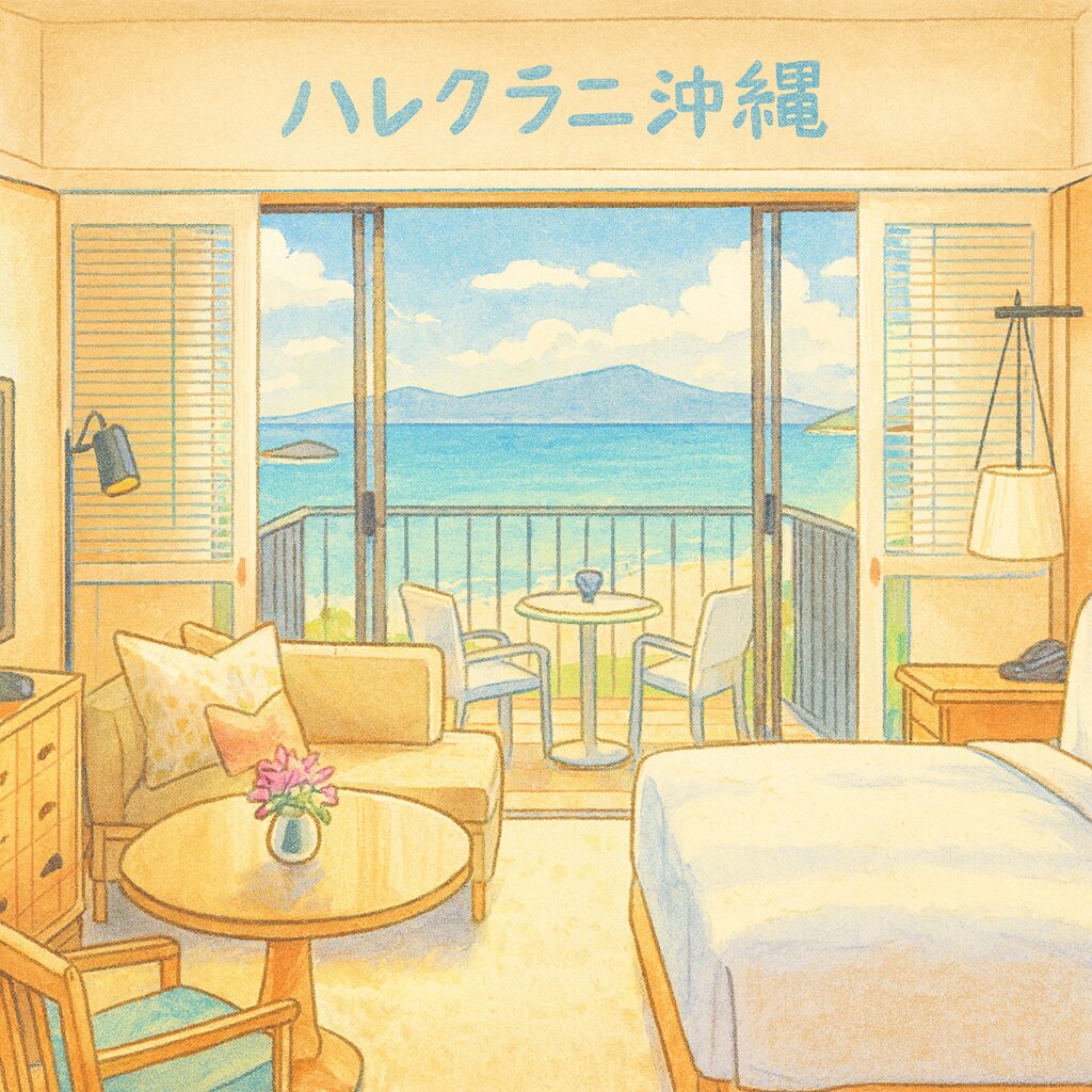 アニメ風に描かれたハレクラニ沖縄の客室。バルコニーからエメラルドグリーンの海と青い空が広がり、室内にはベッドやソファ、丸テーブルが配置された心温まる雰囲気のイラスト。