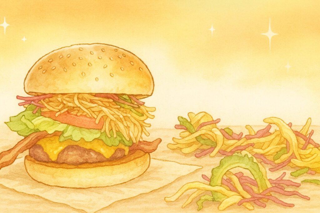 アニメ風の優しいタッチで描かれた、リッツカールトン沖縄クラブラウンジでの日曜日の喜瀬バーガーランチ。ジューシーなパティと新鮮な野菜、カリカリのベーコンがサンドされたバーガーの横に、色とりどりの野菜チップスが添えられている。