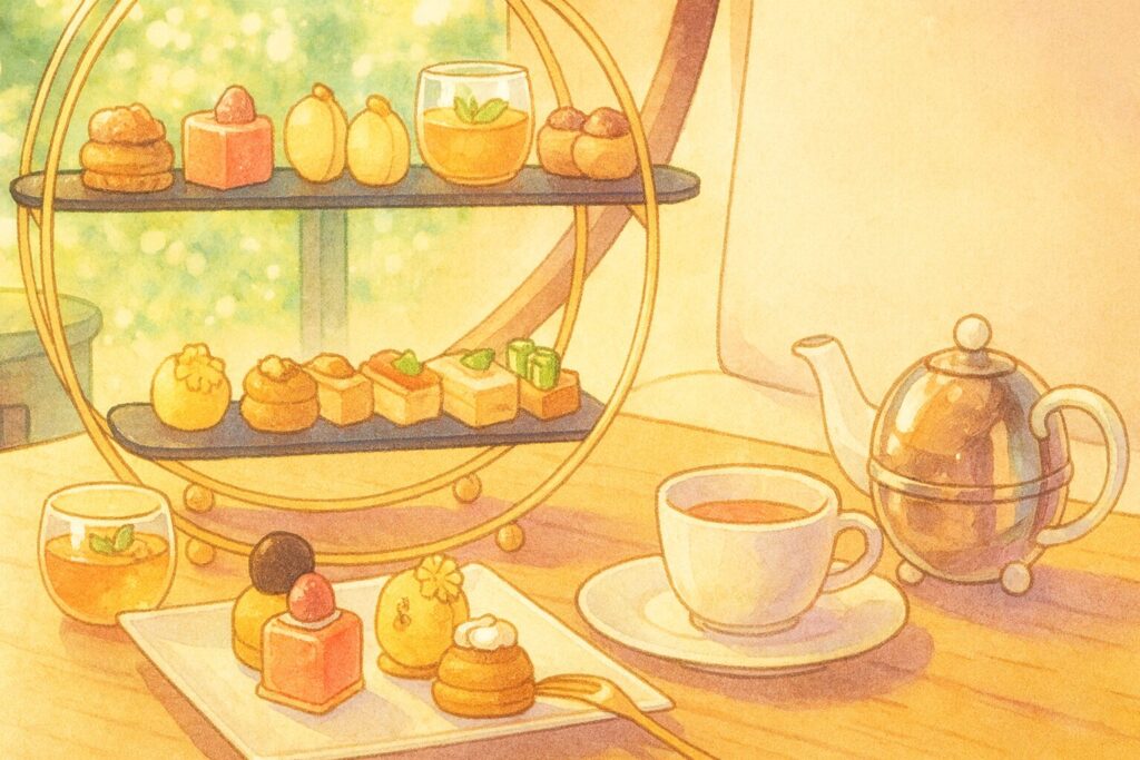 手描きのアニメ風イラストで描かれた、リッツカールトン沖縄クラブラウンジのアフタヌーンティー。金色のティースタンドに並ぶ色とりどりのスイーツと紅茶セットが、柔らかな日差しに包まれている。