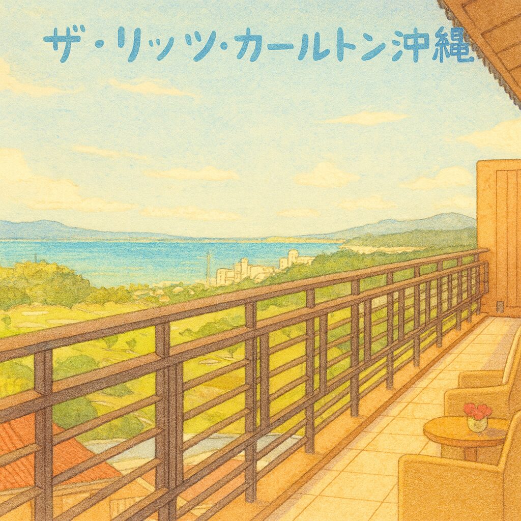 アニメ風に描かれたザ・リッツカールトン沖縄のバルコニーからの眺望。ウッド調の手すりと椅子、テーブルが並び、眼下には緑豊かなゴルフコース、奥には海と青い空、遠くの山並みが広がる心温まる雰囲気のイラスト。