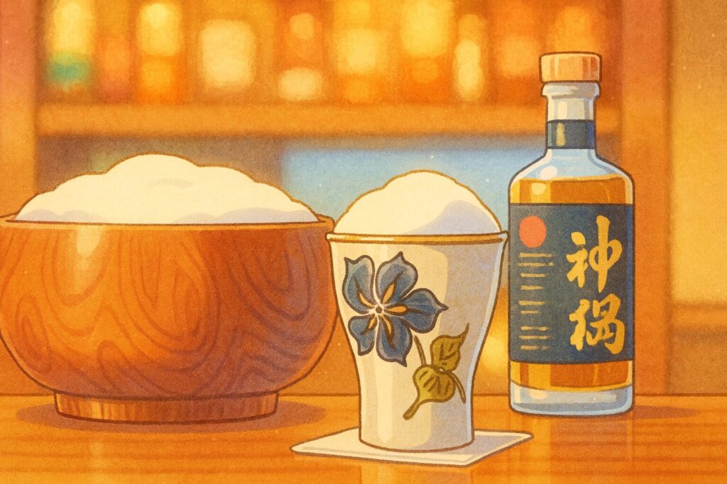 アニメ風に描かれたリッツカールトン沖縄クラブラウンジのクラフトカクテル。木製のボウルと花模様の陶器カップに泡立つドリンク、背景には温かな光に包まれたボトル棚が描かれている。