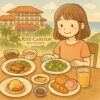 タイトル「【最新】リッツカールトン沖縄の朝食料金はいくら？元を取るための完全攻略ガイド！』」のイメージ画像：海を望むテラスで、沖縄そば・ゴーヤーチャンプルー・じゅーしー・海ぶどう・パンとトロピカルフルーツが並ぶ、ほのぼのとした温かみのある漫画風の朝食ビュッフェイラスト