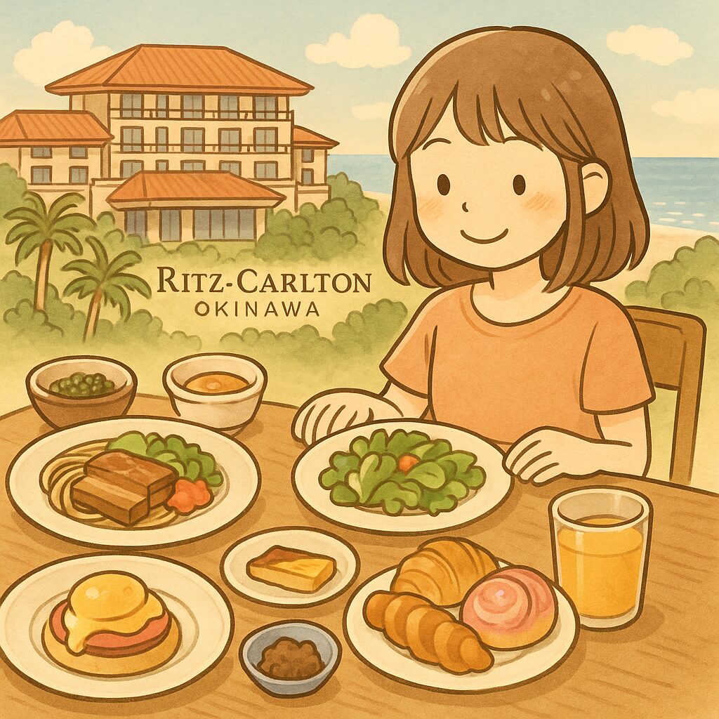 タイトル「【最新】リッツカールトン沖縄の朝食料金はいくら？元を取るための完全攻略ガイド！』」のイメージ画像：海を望むテラスで、沖縄そば・ゴーヤーチャンプルー・じゅーしー・海ぶどう・パンとトロピカルフルーツが並ぶ、ほのぼのとした温かみのある漫画風の朝食ビュッフェイラスト