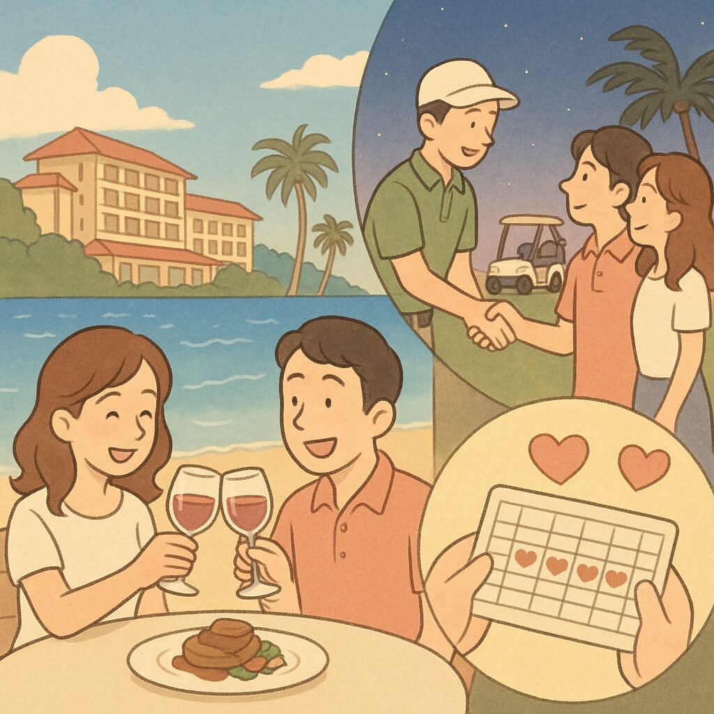 「【リッツカールトン沖縄ゴルフ 料金】を最大限楽しむ!限定プランとリアルな体験談」のイメージ。沖縄の海とリゾートホテルを背景に、ビーチサイドのディナーで乾杯するカップル、夕暮れのゴルフ場での握手、カレンダーにハートが並ぶワクワク感を描いた、ほのぼの漫画風イラスト